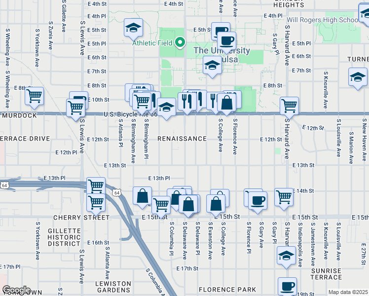 map of restaurants, bars, coffee shops, grocery stores, and more near in Tulsa