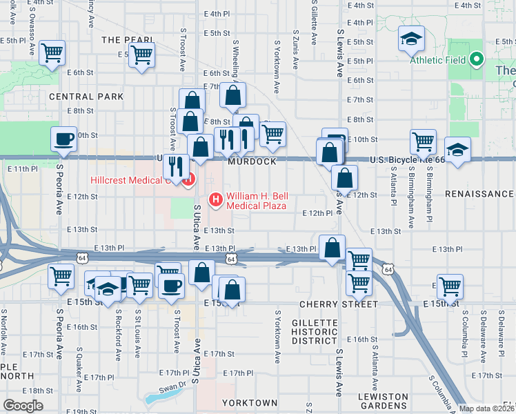 map of restaurants, bars, coffee shops, grocery stores, and more near 2003 East 12th Place in Tulsa