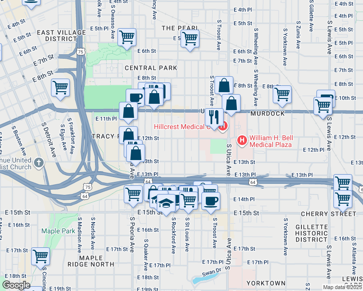 map of restaurants, bars, coffee shops, grocery stores, and more near in Tulsa