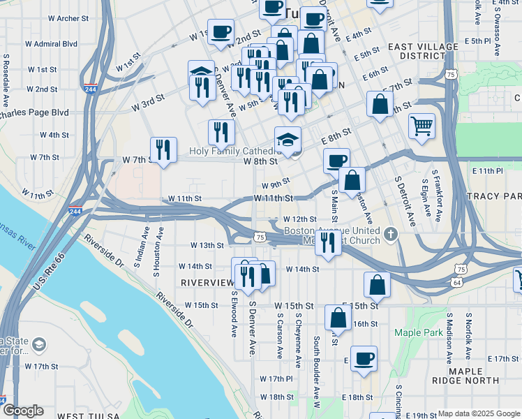 map of restaurants, bars, coffee shops, grocery stores, and more near in Tulsa