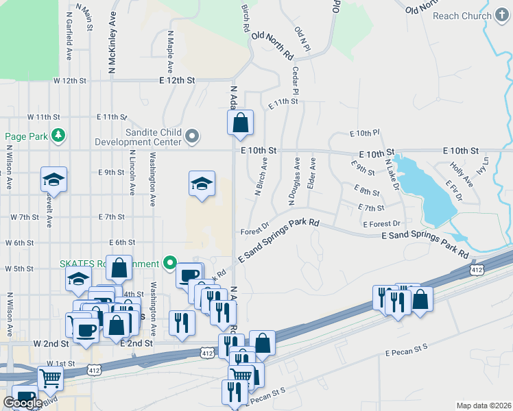 map of restaurants, bars, coffee shops, grocery stores, and more near 704 7th Court in Sand Springs