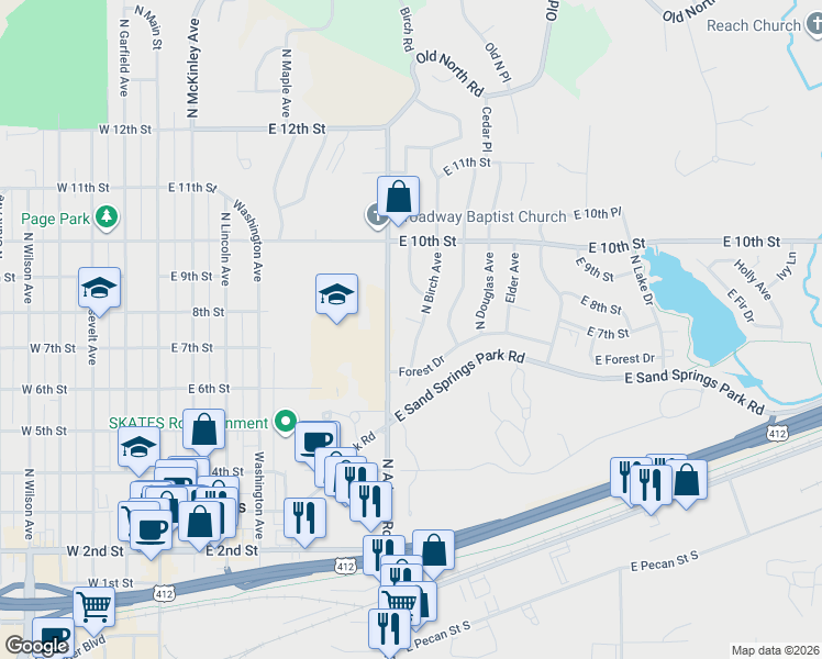 map of restaurants, bars, coffee shops, grocery stores, and more near 704 7th Court in Sand Springs