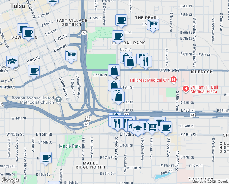 map of restaurants, bars, coffee shops, grocery stores, and more near 1216 South Peoria Avenue in Tulsa