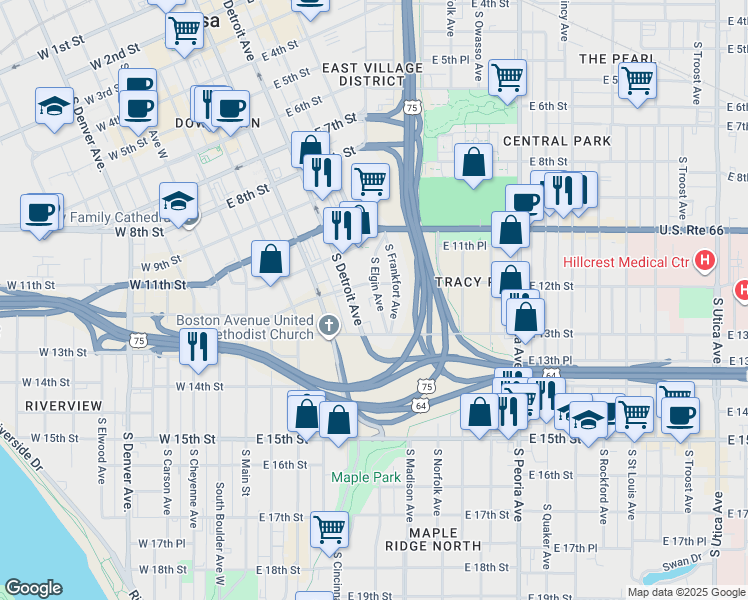 map of restaurants, bars, coffee shops, grocery stores, and more near 1214 South Elgin Avenue in Tulsa