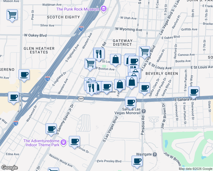 map of restaurants, bars, coffee shops, grocery stores, and more near 239 West Cleveland Avenue in Las Vegas