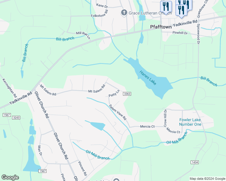 map of restaurants, bars, coffee shops, grocery stores, and more near 2505 Patty Lane in Pfafftown