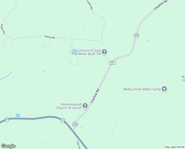 map of restaurants, bars, coffee shops, grocery stores, and more near 1085 Claylick Road in White Bluff