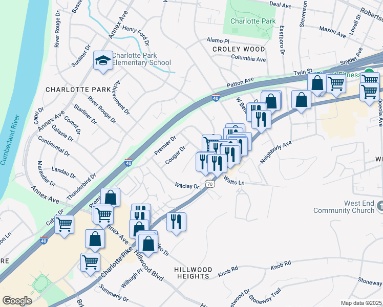 map of restaurants, bars, coffee shops, grocery stores, and more near 6505 Mercomatic Court in Nashville