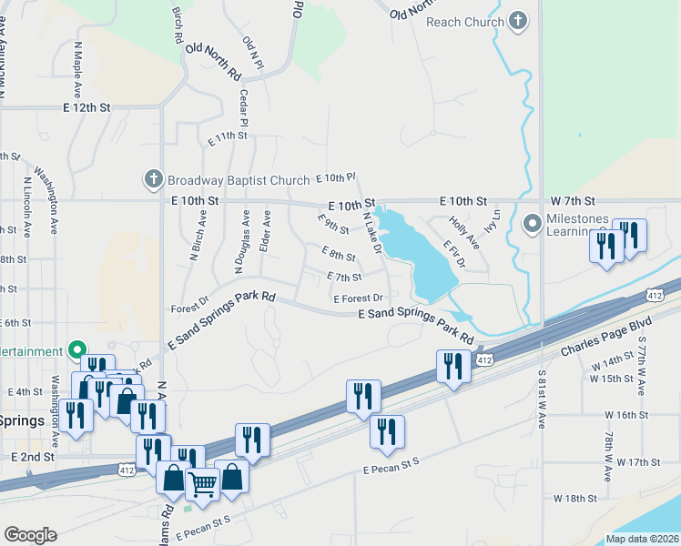 map of restaurants, bars, coffee shops, grocery stores, and more near 1213 East 7th Street in Sand Springs