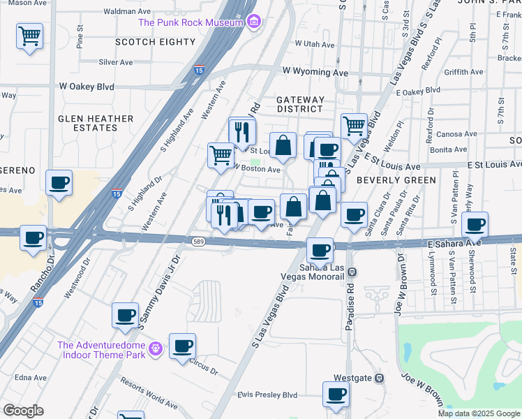 map of restaurants, bars, coffee shops, grocery stores, and more near 223 West Cleveland Avenue in Las Vegas