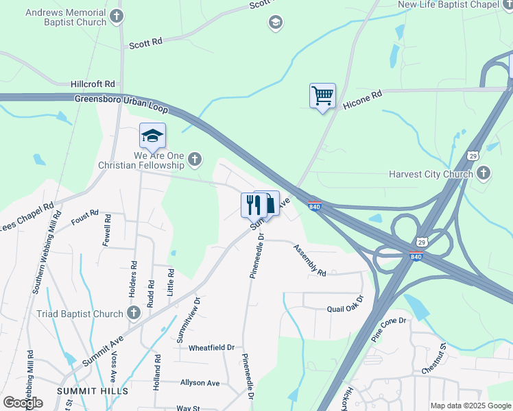 map of restaurants, bars, coffee shops, grocery stores, and more near 2103 Brightwood School Road in Greensboro