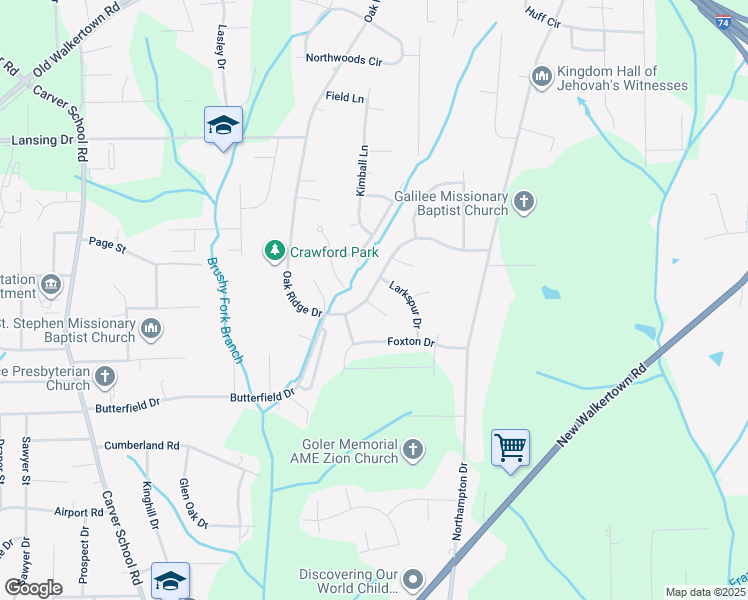 map of restaurants, bars, coffee shops, grocery stores, and more near 5221 Oak Ridge Court in Winston-Salem