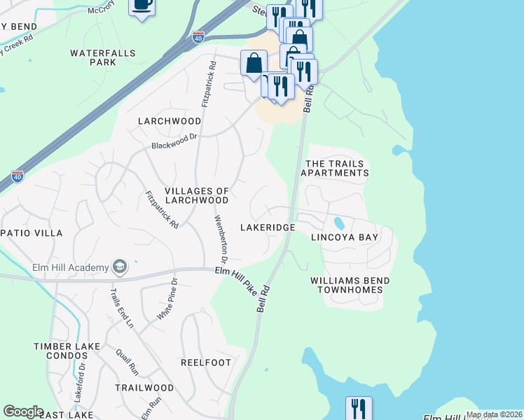 map of restaurants, bars, coffee shops, grocery stores, and more near 3720 Lakeridge Pass in Nashville