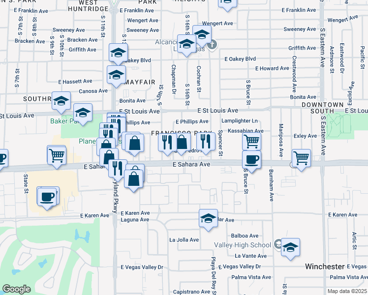 map of restaurants, bars, coffee shops, grocery stores, and more near 1601 San Pedro Avenue in Las Vegas