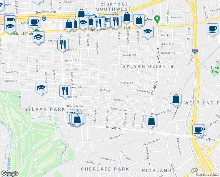 map of restaurants, bars, coffee shops, grocery stores, and more near 4100 Media Street in Nashville