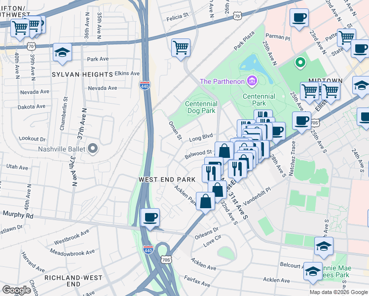 map of restaurants, bars, coffee shops, grocery stores, and more near 3127 Long Boulevard in Nashville