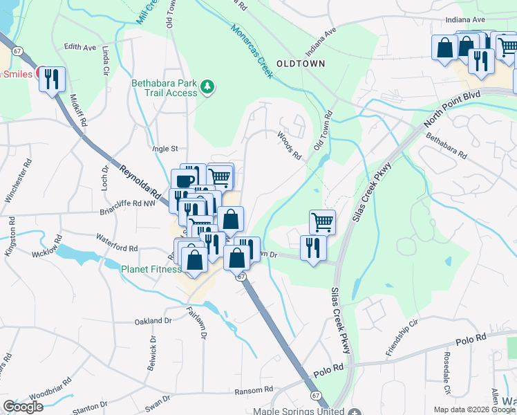 map of restaurants, bars, coffee shops, grocery stores, and more near 1506 Old Town Road in Winston-Salem