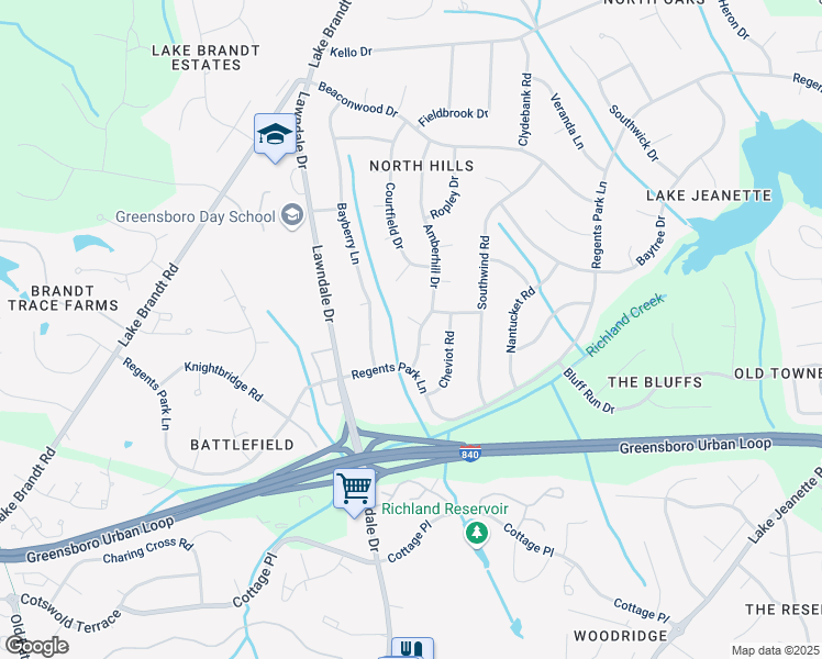 map of restaurants, bars, coffee shops, grocery stores, and more near 1 Amberhill Court in Greensboro