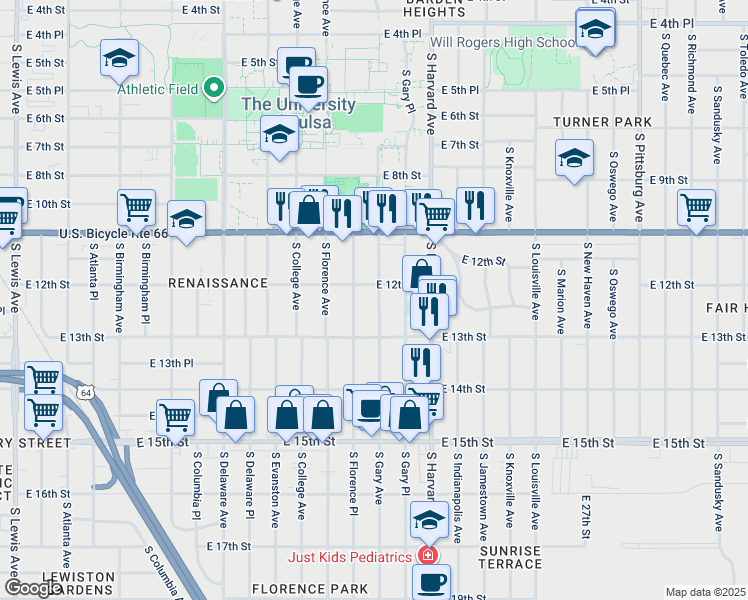 map of restaurants, bars, coffee shops, grocery stores, and more near 1216 South Gary Avenue in Tulsa
