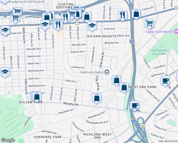 map of restaurants, bars, coffee shops, grocery stores, and more near 203 Chamberlin Street in Nashville
