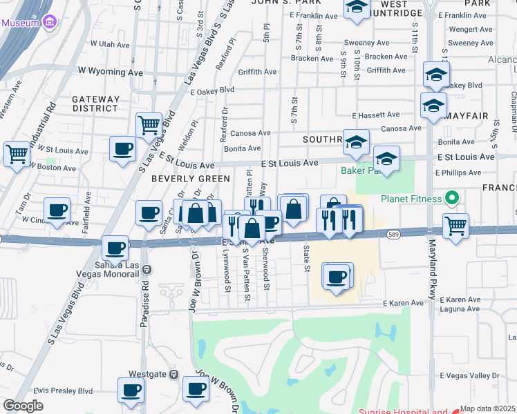 map of restaurants, bars, coffee shops, grocery stores, and more near 2212 South Beverly Way in Las Vegas