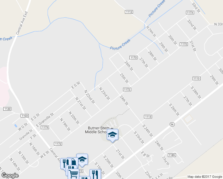 map of restaurants, bars, coffee shops, grocery stores, and more near 607 24th Street in Butner