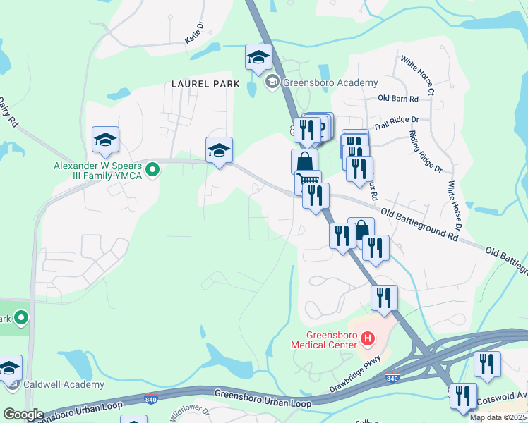 map of restaurants, bars, coffee shops, grocery stores, and more near 3324 Horse Pen Creek Road in Greensboro