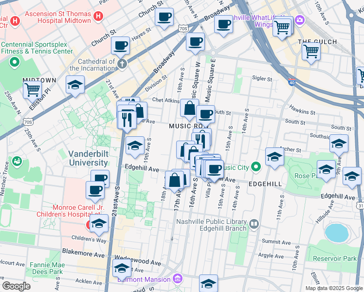 map of restaurants, bars, coffee shops, grocery stores, and more near 1021 17th Avenue South in Nashville
