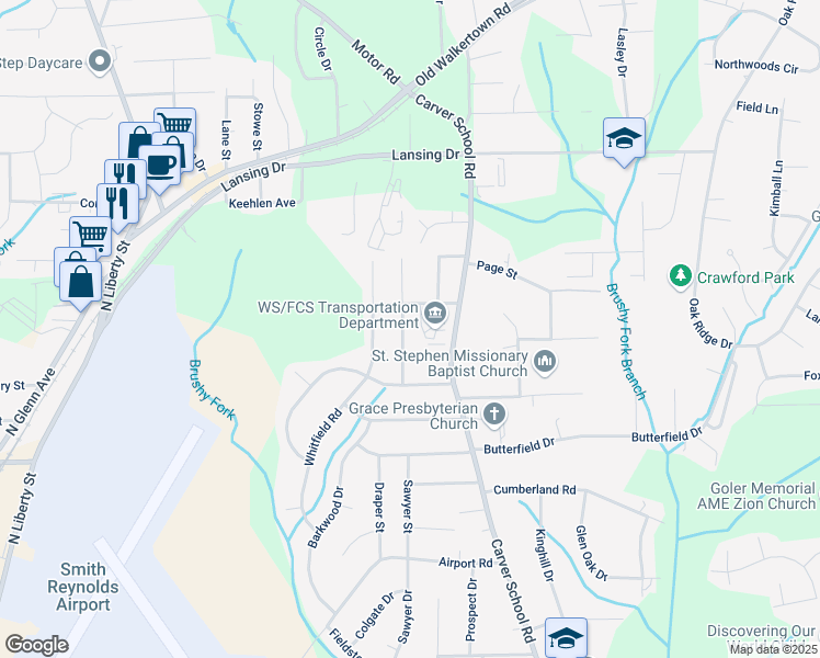 map of restaurants, bars, coffee shops, grocery stores, and more near 4119 Rosa Street in Winston-Salem