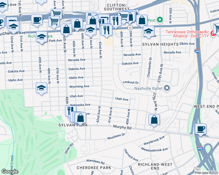 map of restaurants, bars, coffee shops, grocery stores, and more near 4100 Media Street in Nashville