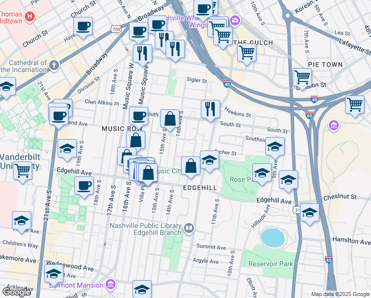map of restaurants, bars, coffee shops, grocery stores, and more near 113 13th Avenue Circle in Nashville