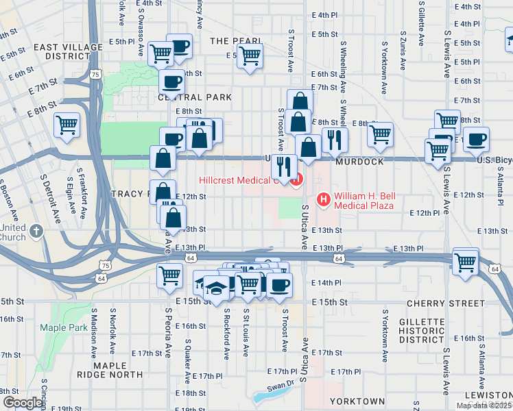 map of restaurants, bars, coffee shops, grocery stores, and more near 1206 South Trenton Avenue in Tulsa