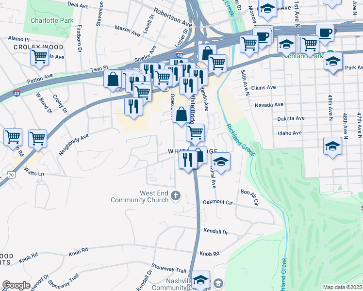 map of restaurants, bars, coffee shops, grocery stores, and more near 5610 Burgess Avenue in Nashville