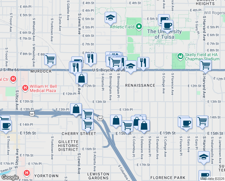 map of restaurants, bars, coffee shops, grocery stores, and more near 1215 South Birmingham Avenue in Tulsa