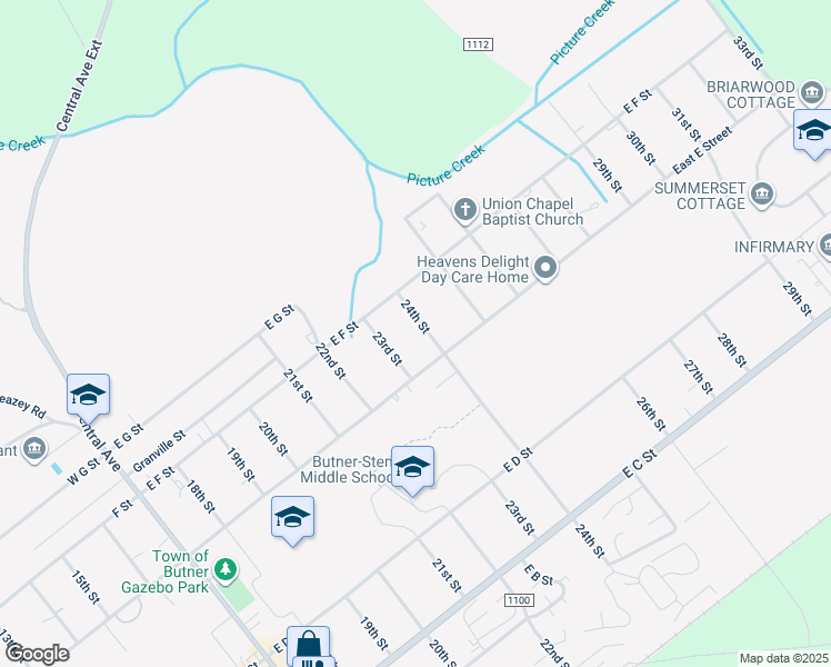map of restaurants, bars, coffee shops, grocery stores, and more near 607 24th Street in Butner