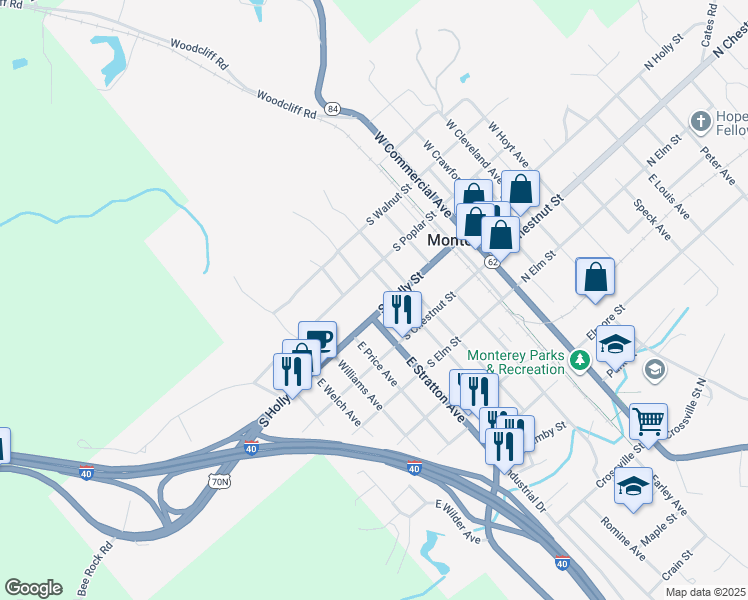 map of restaurants, bars, coffee shops, grocery stores, and more near 405 S Holly St in Monterey