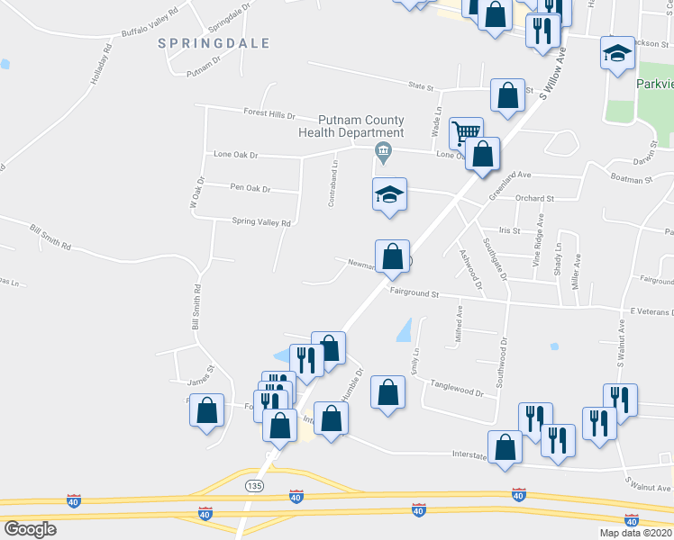 map of restaurants, bars, coffee shops, grocery stores, and more near 809 Willow Valley Court in Cookeville