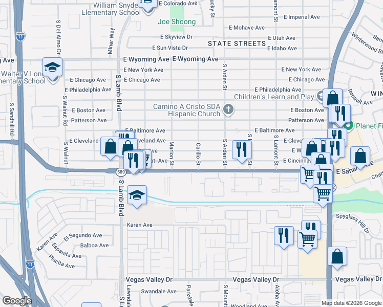 map of restaurants, bars, coffee shops, grocery stores, and more near 4471 Welter Avenue in Las Vegas