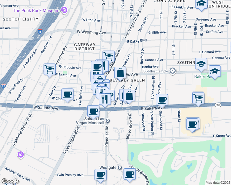 map of restaurants, bars, coffee shops, grocery stores, and more near 2117 Paradise Road in Las Vegas