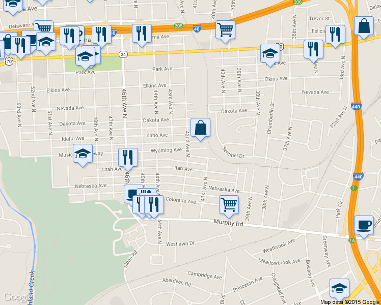 map of restaurants, bars, coffee shops, grocery stores, and more near 4116 Media Street in Nashville