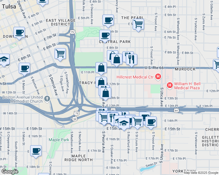 map of restaurants, bars, coffee shops, grocery stores, and more near 1214 South Quaker Avenue in Tulsa
