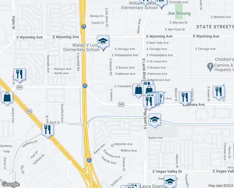 map of restaurants, bars, coffee shops, grocery stores, and more near 4035 Welter Avenue in Las Vegas