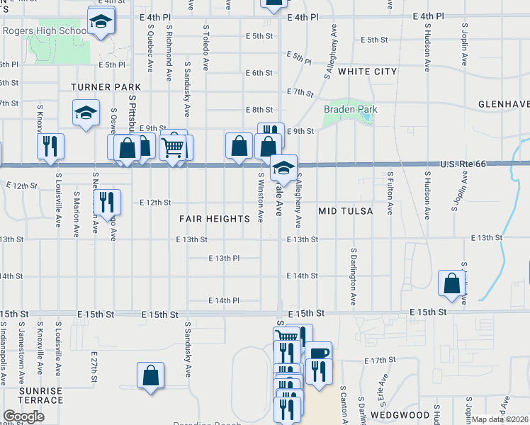 map of restaurants, bars, coffee shops, grocery stores, and more near 1213 South Winston Avenue in Tulsa