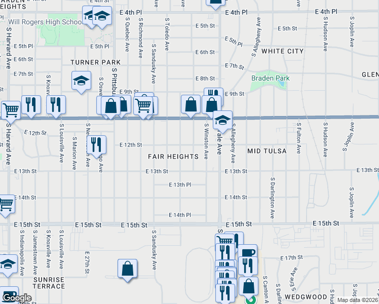 map of restaurants, bars, coffee shops, grocery stores, and more near 1214 South Vandalia Avenue in Tulsa