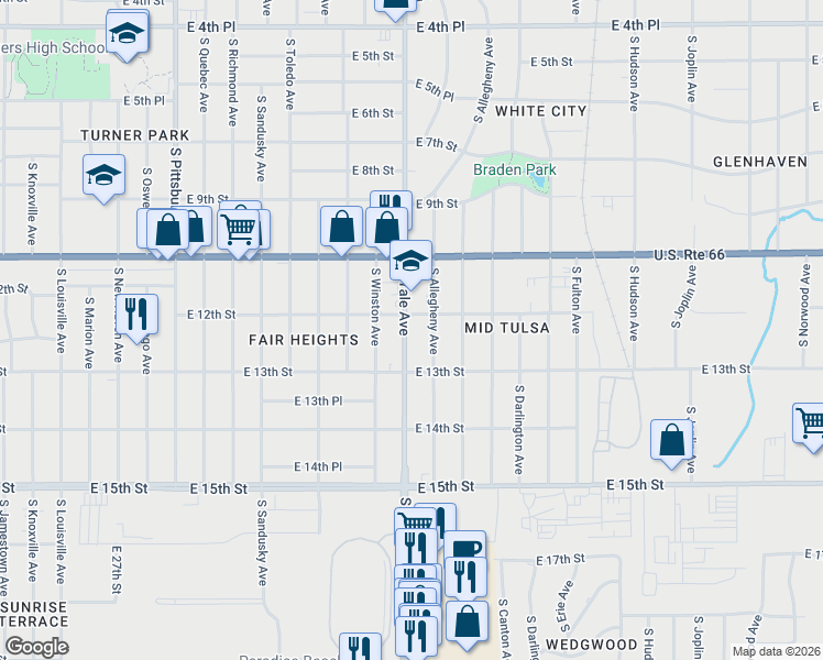 map of restaurants, bars, coffee shops, grocery stores, and more near 1211 South Yale Avenue in Tulsa