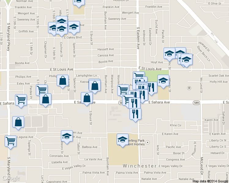 map of restaurants, bars, coffee shops, grocery stores, and more near 2319 Mariposa Avenue in Las Vegas