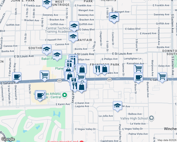 map of restaurants, bars, coffee shops, grocery stores, and more near 2310 Pardee Place in Las Vegas