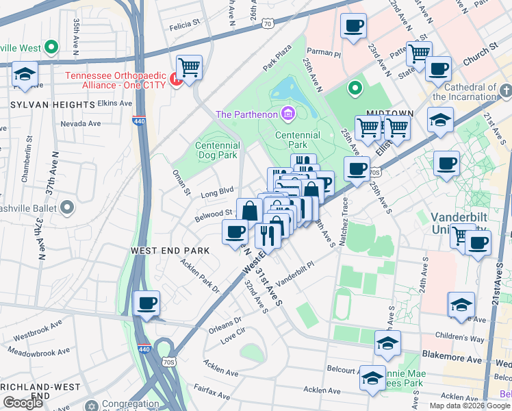 map of restaurants, bars, coffee shops, grocery stores, and more near 3002 Poston Avenue in Nashville