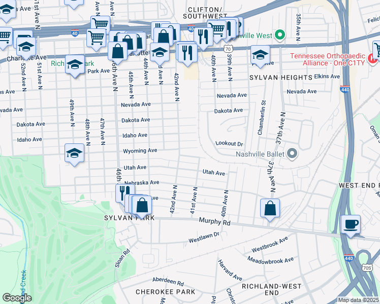 map of restaurants, bars, coffee shops, grocery stores, and more near 4116 Media Street in Nashville