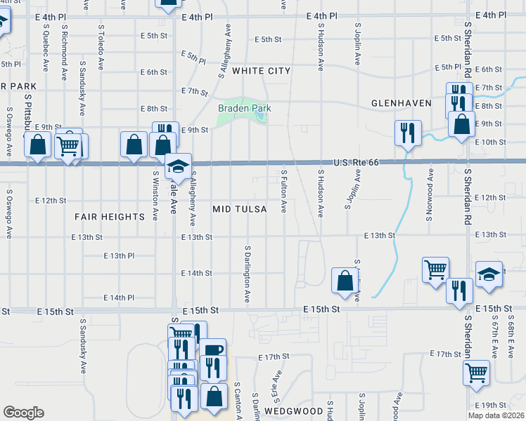 map of restaurants, bars, coffee shops, grocery stores, and more near 1215 South Darlington Avenue in Tulsa